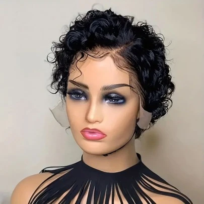 卷曲波浪精灵短假发，真人发T字形蕾丝前假发，适合的短假发，13x4x1蕾丝前额卷曲短款真人发假发，适合，黑色女士短假发，99J酒红色短款精灵假发，适合，层次感短假发带侧刘海，真人发，母亲节礼物，日常佩戴