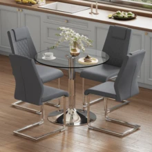 Dining Table And Chairs Set: Modern And Minimalist Glass Dining Table With A Diameter Of 85 Cm, Paired With 4 Dining Chairs With Silver Metal Legs And Dark Grey PU Seats. - Grey - View 2