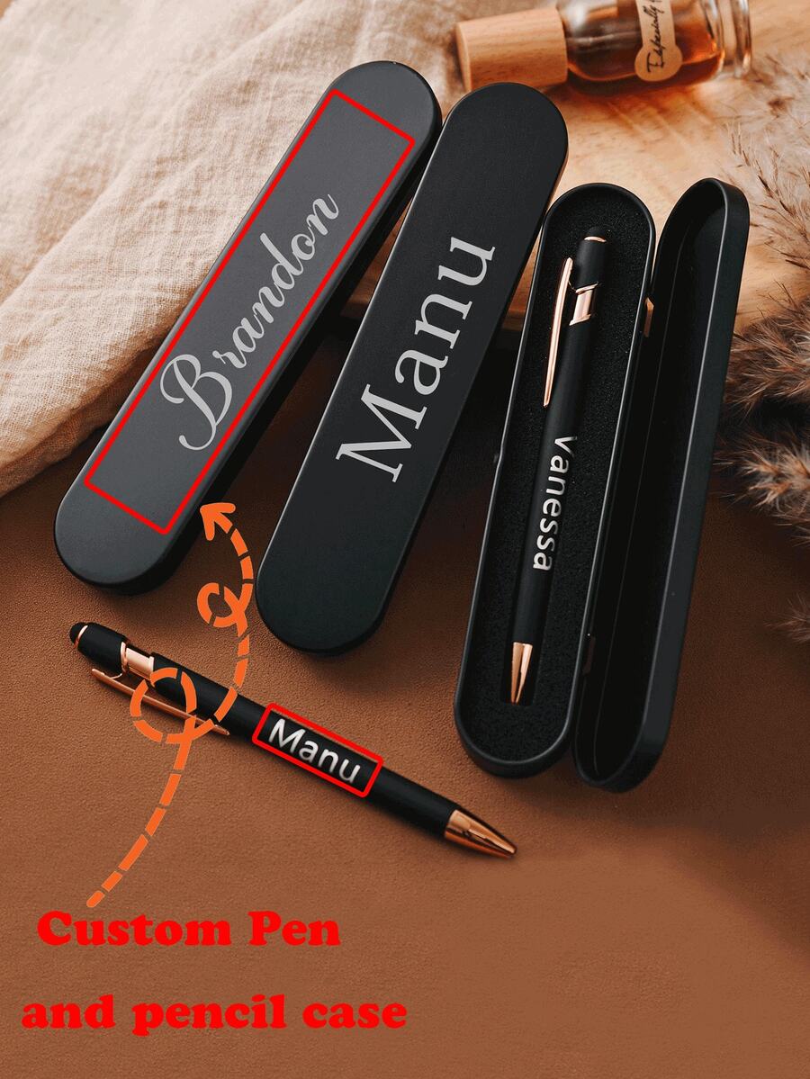 Customized Text Touch Ballpoint Pen Box Set, Rectangular Tin Pencil Case, Stationery Box With Connected Flip Cover - Black - View 1