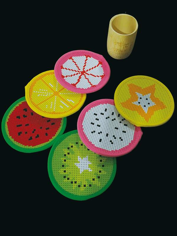 [Cross Stitch Coaster Handmade Kit]6pcs/Box Fruit Cross Stitch Coaster With Tools, Diamond Painting Art Coaster Set, DIY Beverage Coaster Diamond Art Painting Coaster Kit Diamond Painting Kit