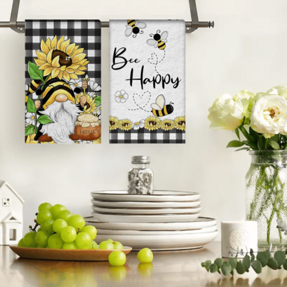 2/4/48pcs Kitchen Dishcloths, Cute Bee Dwarf & Sunflower Pattern Polyester Dishcloths, Blue Plaid Style, Absorbent Soft Durable, Suitable For Kitchen Cleaning & Holiday Decoration, Decorative & Practical, Multi-Purpose High Absorbency Kitchen Towels