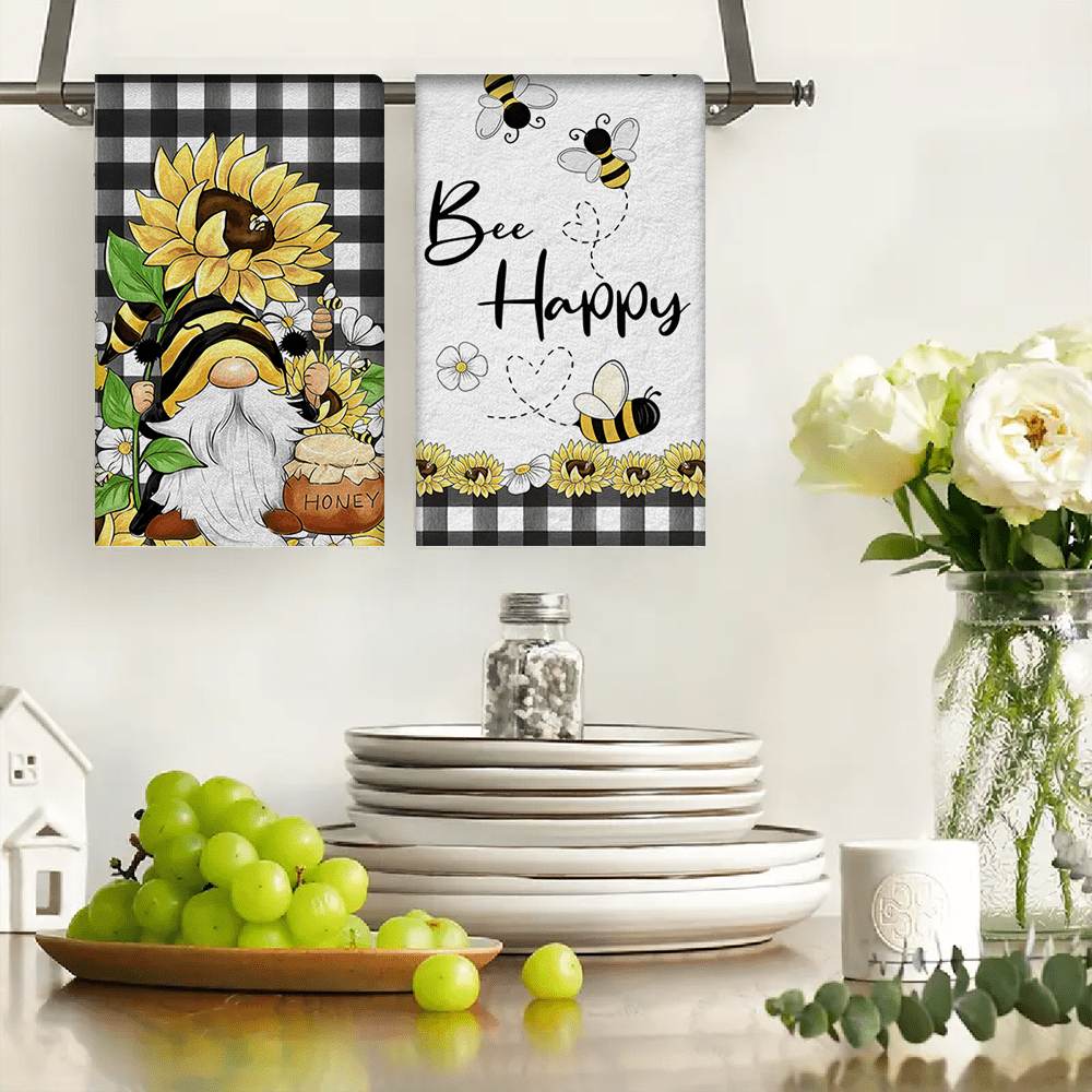 2/4/48 Stücke Küchen Geschirrtücher, süßes Bienen Zwerg & Sonnenblumen Muster Polyester Geschirrtücher, karierter blauer Stil, saugfähig, weich, strapazierfähig, geeignet für Küchen Reinigung & Feiertags Dekoration, dekorativ & praktisch, Mehrzweck Küchentücher mit hoher Saugfähigkeit