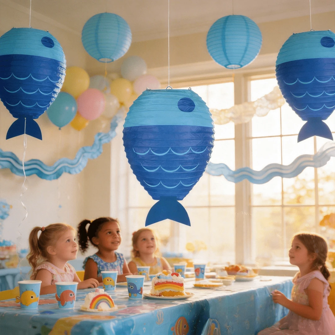 蓝/黄/绿大鱼纸灯笼,海底派对大鱼悬挂装饰,海洋主题生日派对、教室、办公用品、节日派对、生日、婚礼装饰、生日快乐/婚礼/派对装饰、圣诞节、派对装饰、生日装饰、节日装饰、餐厅装饰、多场景可折叠纸灯笼 - 生日/圣诞节/餐厅主题装饰、流苏婚礼悬挂灯笼、可折叠圆形背景装饰、情人节返校季餐厅氛围灯/生日派对悬挂装饰、可折叠彩色卡通、婚礼/圣诞节主题餐厅装饰、漂浮装饰 - 藍色 - 查看 1