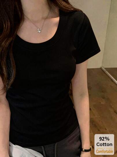 100% 면 반팔 티셔츠, 다용도 반팔 티, 여성 반팔 상의, 슬림핏 솔리드 컬러 언더셔츠