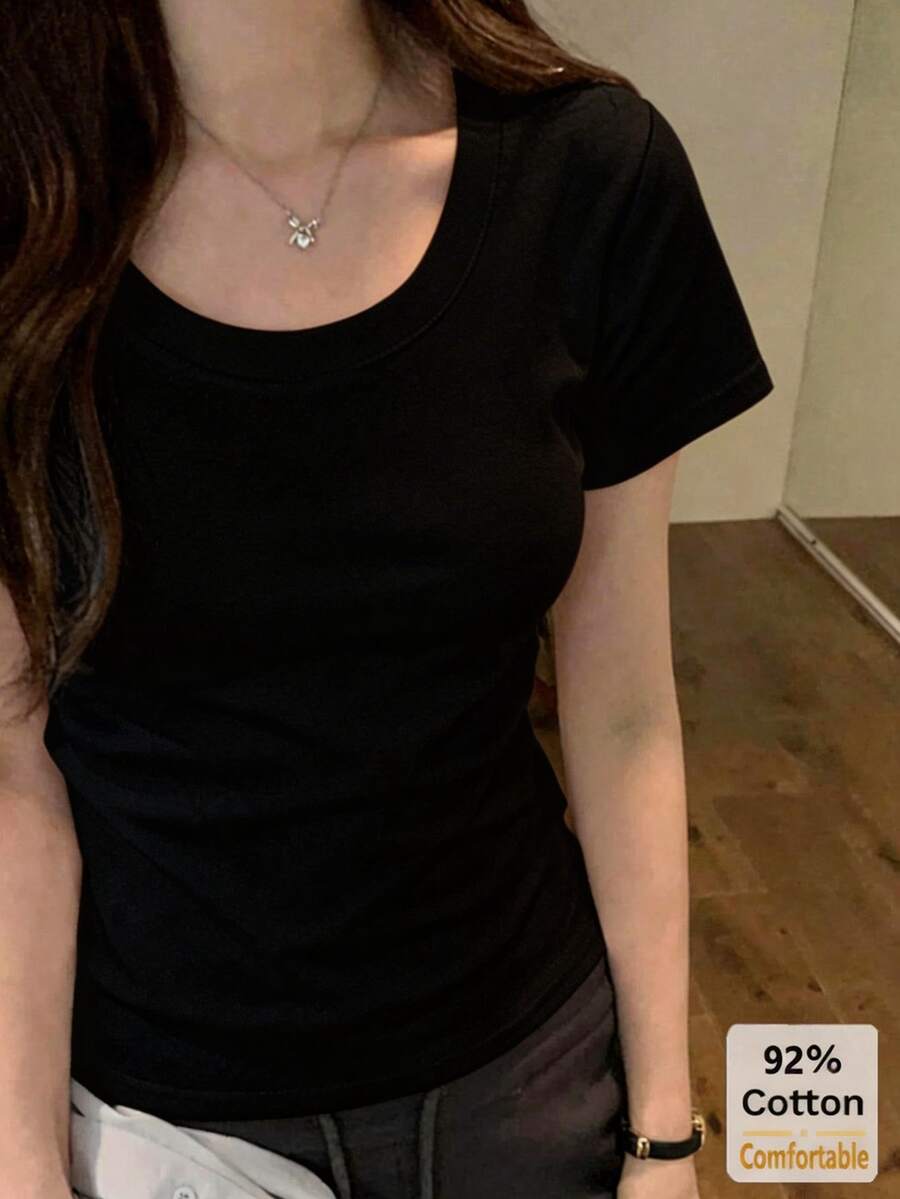 短袖T恤，百搭短袖T恤，女士短袖上衣，修身纯色打底衫，休闲黑色夏季款