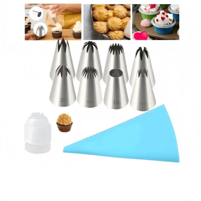 Bộ dụng cụ trang trí bánh 10 món, đầu phun kem bằng thép không gỉ 304 kèm túi bắt kem tái sử dụng và khớp nối, bộ đầu phun kem dùng cho bánh cupcake, bánh quy và bánh ngọt.