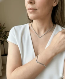 Organic V-Necklace Choker And Bracelet - Adjustable - Gold And Silver - Fashion Accessory - 銀色 - 查看 2
