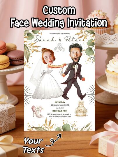 1/5/10pcs Custom Wedding Invitations, Custom Face Wedding Invitation,Rustic Engagement Graduation Birthday Cards, Personalized Bride Gift Announcements, Wedding Supplies, Wedding Decorations, And Bridesmaid Party Cards Are The Perfect Gift For Weddings, Holiday Parties, Mother's Day, Father's Day, Stylish Decor, High Quality, Fashion, Exquisite Customization, Personalized, Unique Ideal Gifts For Her, Boyfriend, Girlfriend, Dad, Family, Mom, Friends, Pets