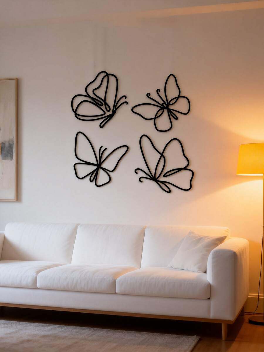 4件套金属蝴蝶心形墙饰 - 精致金属丝花卉挂饰，适用于室内/室外婚礼、生日派对、厨房、浴室 - 安装简便，尺寸8英寸x8英寸 - 黑色 - 查看 1