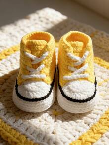 1双手工钩编婴儿鞋，室内软底学步鞋 - 黃色 - 查看 6