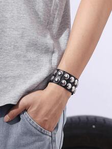 朋克摇滚铆钉手镯套装，尖刺铆钉手镯，80年代Emo哥特风饰品配饰腕带，可调节 - 黑色 - 查看 4