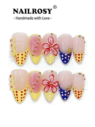 Multicolor 3D Burgundy Flower Nails/10pcs Handmade Press On Nails Almond Nails Elegant Nails 3D Gel Nails Aura Nails 3D Flower Nails Summer Spring Reusable Fake Fingernails Luxury Nail Art For Holiday, Vacation, Birthday