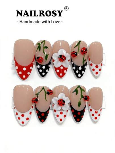  NAILROSY Original Marke 10 Stück/Set mandelförmige 3D geprägte handgefertigte Nagel Aufkleber, rein weiß, nude, transparente Farben für den täglichen Gebrauch, Braut Zeremonie Grundausstattung, 2026 Frühling neue professionelle Qualität handgefertigte zarte Geschenkbox