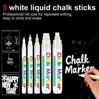 5pcs White Liquid Chalk Markers (0.7mm/1.0mm/3.0mm/10mm/15mm Tip), Suitable For Blackboard, Plastic, LED Display, Glass, Whiteboard, Ceramic, Stone, Metal