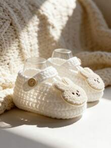 1 Pair Infant Slippers With Bunny Applique, Beige Aand White, Infant Footwear - White - View 7