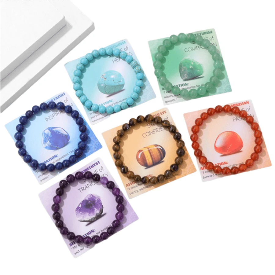 2 件套（1 条手链，1 张卡片）疗愈水晶手链，男女皆宜，天然石珠串弹力手链，手工宝石灵气疗愈饰品，生日礼物，时尚饰品，友谊礼物 - 彩色 - 查看 1