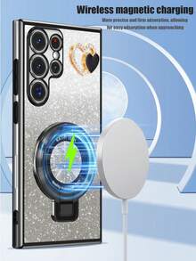 Heart-Shaped DIY Diamond + New CD Texture Foldable Bracket + Electroplated Bracket Phone Case, Anti-Drop, Suitable For Zero 30/Pop/Camon/Smart Series, 11/12/13/14/15 Pro Max, S22/23/24+, 13C+, Moto G, Note 13C/12/11 Pro, Enjoy 20/30/40/50/60/70, HONOR 90/80/70/60/50/X9/X8/X7/X6/X5 AB+, Anti-Drop New Electroplated Phone Case - Black - View 3