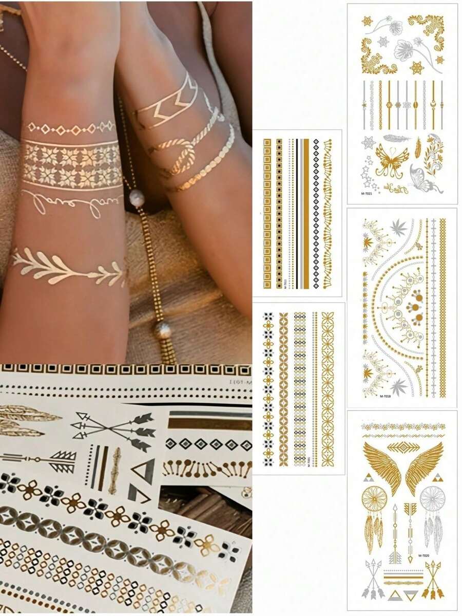 5 Sheets Gold Lace Tattoo Stickers Waterproof Temporary Tattoo Stickers Cool Bohemian Elegant Holiday Party Fake Tattoos - Gold - View 1