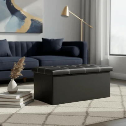 Pufe Estofado com Baú - Preta