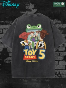 Disney Pixar Toy Story 5 T-Shirt Men Washed Vintage Double Sided Print Woody Jessie Buzz Graphic Tee 100% Cotton Casual Short Sleeve Tops. - 黑色 - 查看 5