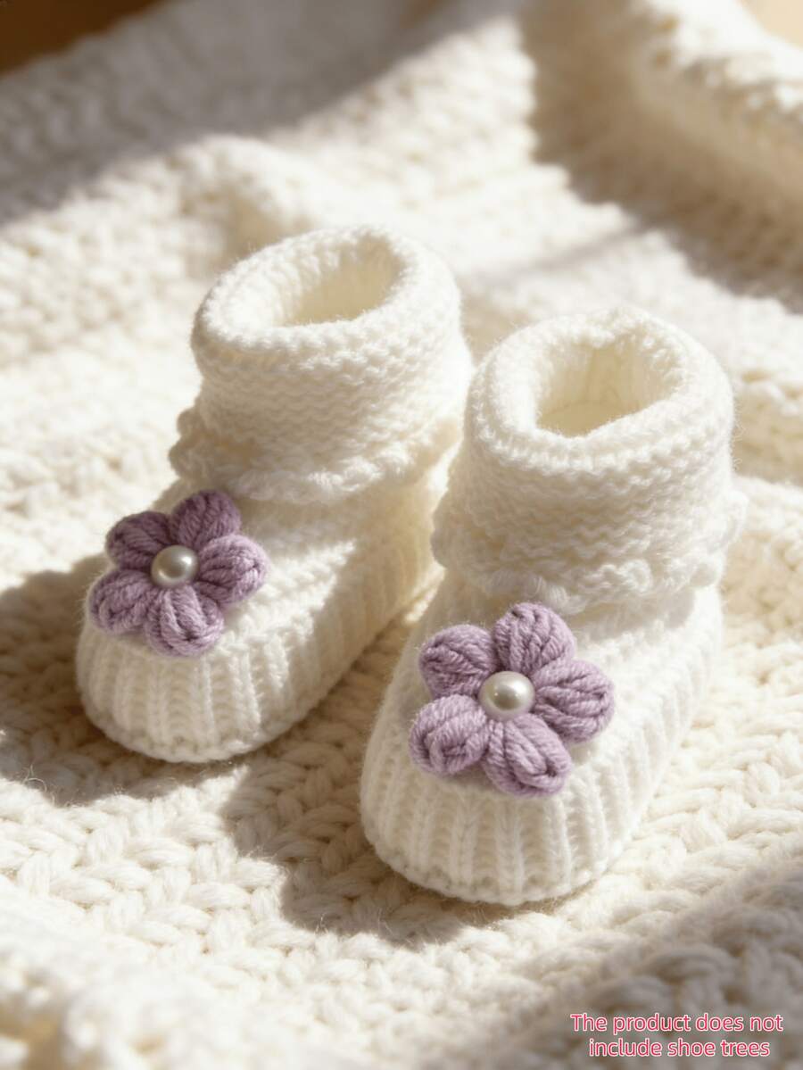 1双手工钩编花朵婴儿鞋，白色婴儿床鞋 - 淡紫色 - 查看 1