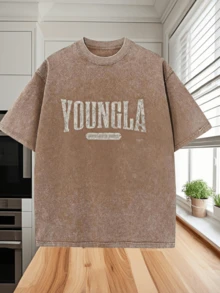 Vintage Pure Cotton Washed Printed Crew Neck T-Shirt, 100% Cotton, Fashionable T-Shirt, Street Style, Casual And Stylish, A Must-Have Fashion T-Shirt For Spring And Summer.Perfect For Daily Casual And Street Wear.An Ideal Gift For Family And Friends. - 咖啡棕 - 查看 6