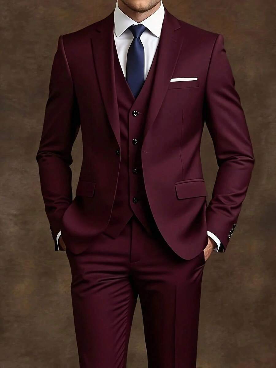 Men's Slim-Fit Black 3-Piece Suit - Elegant Black And White Wedding And Formal Wear, Long Sleeves, Button Closure, Non-Stretch Fabric, Suitable For Office Meetings And Elegant Events All Year Round, Wedding Attire, Slim-Fit Suit - 酒紅色 - 查看 1