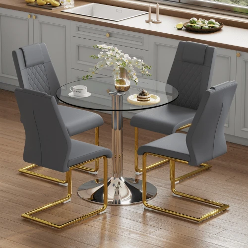 Dining Table And Chairs Set: Modern And Minimalist Glass Dining Table With A Diameter Of 85 Cm, Paired With 4 Dining Chairs With Gold Metal Legs And Dark Grey PU Seats. - Grey - View 1