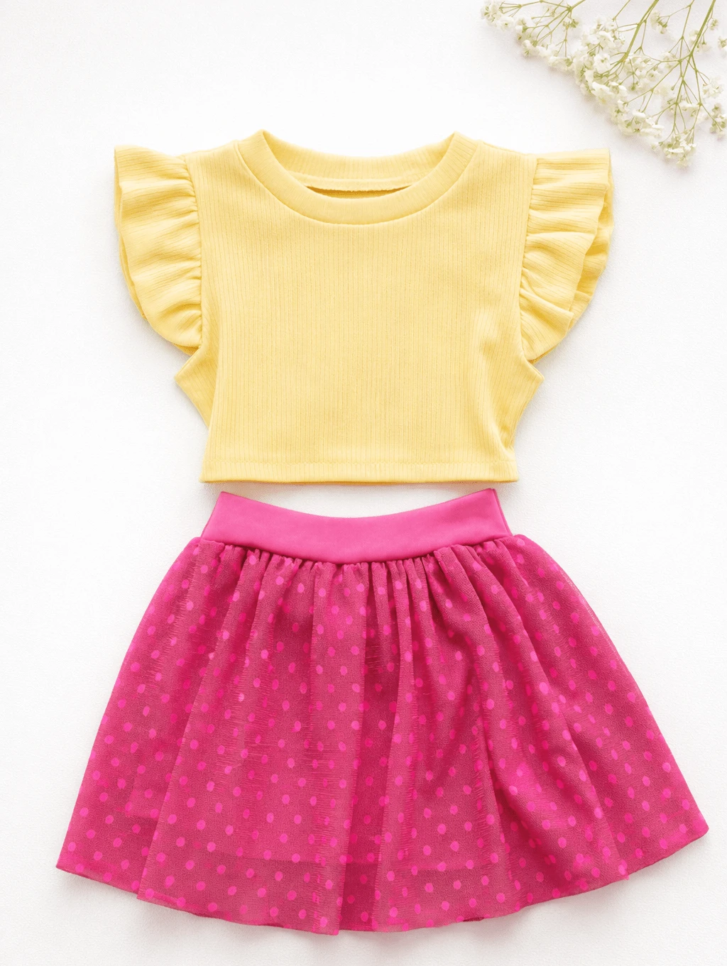 Girls' Outfit Set: Tulle Shorts Skirt With Ruffle And Cropped Top With Ruffled Frills, Pleated, Spring And Summer CJI043 - Pink and Yellow - View 1