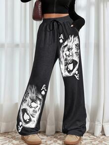 Pantalones casuales grises con estampado de naipes para mujer talla grande, primavera - Gris Oscuro - Ver 2