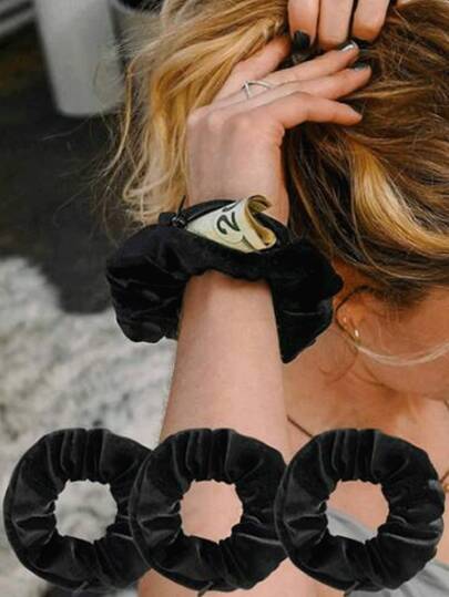 3/5pcs Set Korean Velvet High Elasticity Invisible Zipper Hair Scrunchies, European & American Style Hair Bands, Korean Faux Fur Zipper Headbands