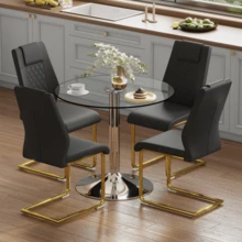 Table And Chair Set: Modern Minimalist Style Glass Dining Table With A Diameter Of 85 Cm, Paired With 4 Black PU Dining Chairs With Gold Metal Legs. - Dark Grey - View 1