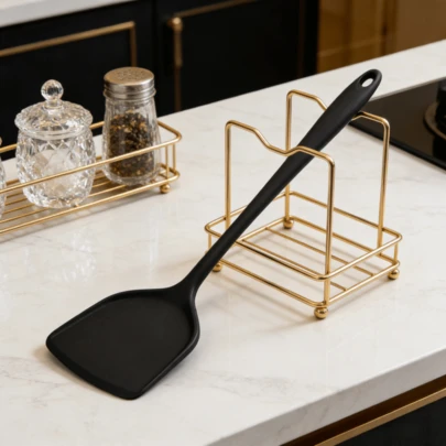 硅胶炒锅铲 1/2 件装 - 不粘实心炒菜铲 - 耐热厨房用具，可放入洗碗机清洗，适用于烹饪/煎炸（黑色）