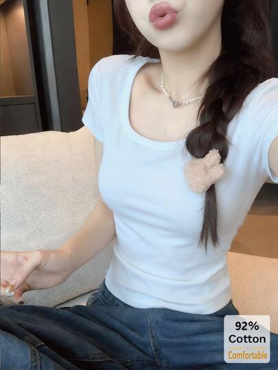 Women's Solid Color U-Neck Short Sleeve T-Shirt, Versatile White Casual Slim Fit Undershirt For Summer