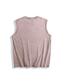 Sleeveless Printed Oversized T-Shirt, Y2K Style Street Fashion Men's Washed Vest (220g Pure Cotton), Vintage Pattern Fun Print, Hip-Hop Style, Men's Summer Round Neck Short-Sleeved Casual T-Shirt, Men's Summer Streetwear. - 咖啡棕 - 查看 2