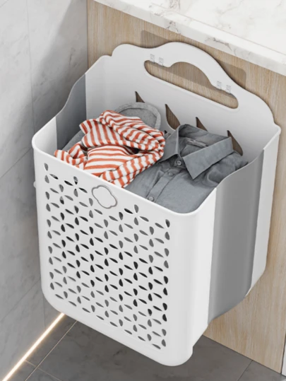 1个壁挂式可折叠洗衣篮，可折叠，节省空间，多功能收纳整理架，适用于家庭浴室，是公寓和宿舍生活的理想之选。便捷的壁挂式设计，安装简便，有效控制小空间内的洗衣杂乱，经久耐用且小巧紧凑，适用于前置式洗衣机。