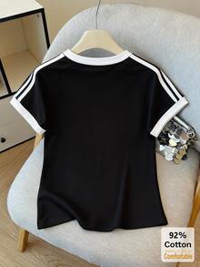 Áo croptop 4 sọc, áo thun ngắn tay màu đen dành cho nữ, áo lót ôm dáng và thời trang, thích hợp mặc mùa hè. - màu đen - Xem 5