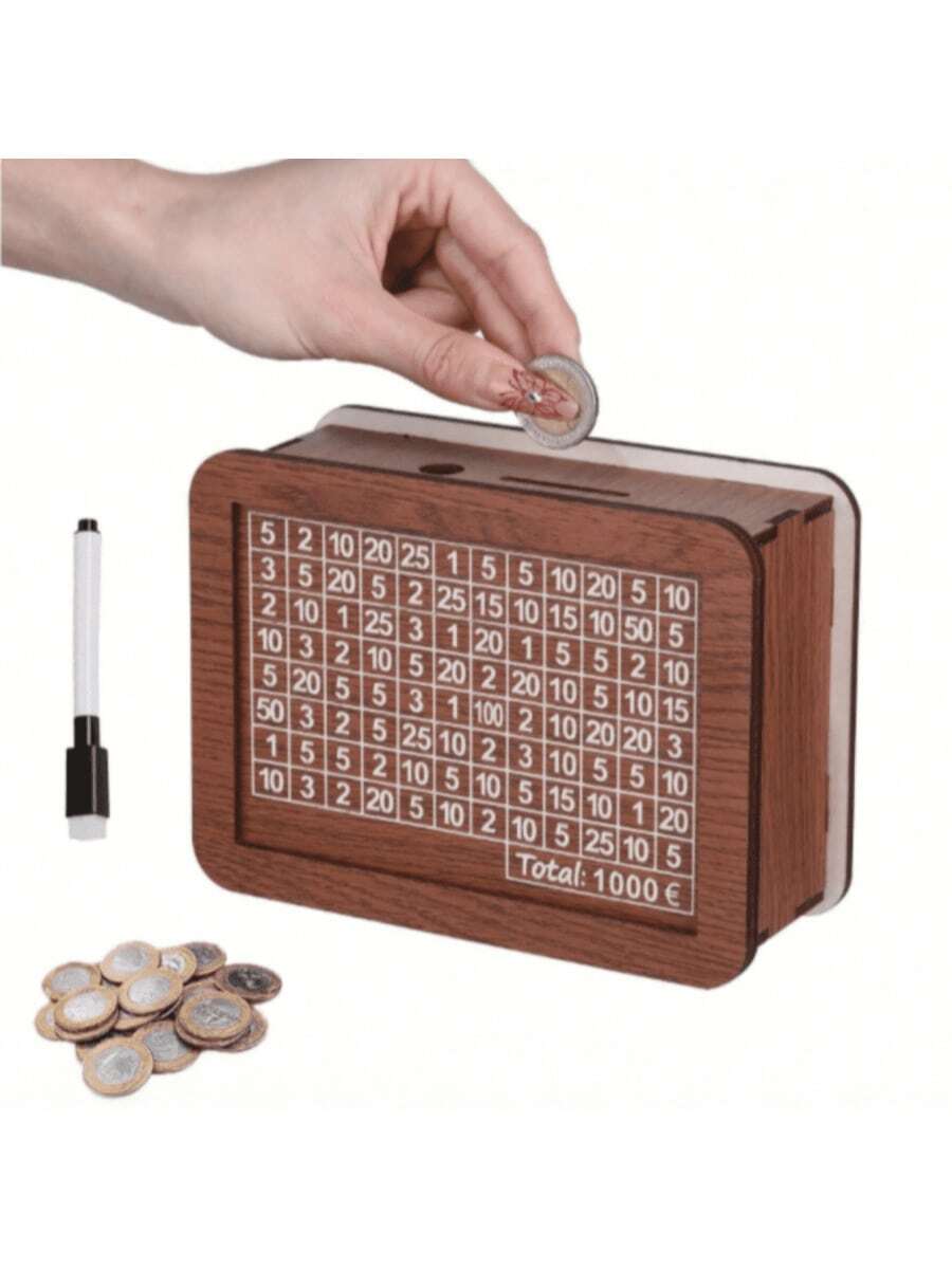 1pc Wooden Euro Tracking Savings Box With Counting Panel - Erasable And Reusable Vintage Style Piggy Bank, With Snap Closure, Transparent Acrylic Window - Multipurpose Coin Bank With Multiple Savings Goals (10000/5000/3000/1000 Euro Options), Random Color Style