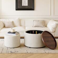 Ball & Cast Combined Dual-Purpose Storage Stools, With Linen Cover And Wooden Shelf For The Foot Stool, 58cm Round Coffee Table And Bench, Beige Colour. - Light Brown - View 5