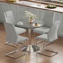 Dining Table And Chairs Set: Modern And Minimalist Glass Dining Table With A Diameter Of 85 Cm, Paired With 4 Dining Chairs With Silver Metal Legs And Light Grey PU Seats. - Light Grey - View 2