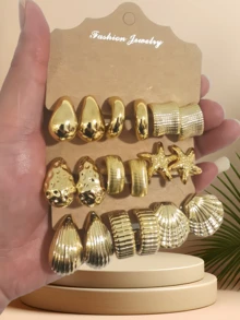 6-18pcs/Set Fashion Gold Starfish, Shell, Smooth Water Drop, Textured C-Shape Earring Set, Suitable For Summer Travel And Vacation Wear - Yellow Gold - View 2