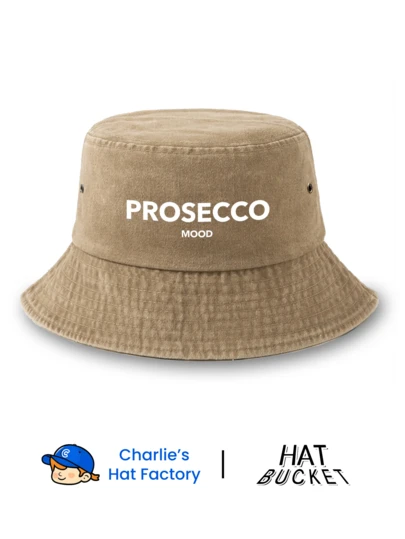 1 Pc Unisex Vintage Washed Bucket Hat - Minimalist "PROSECCO MOOD" Graphic Print - Available In Multiple Retro Colors - Soft Texture Packable Sun Cap For Brunch, Beach Vacation & Summer Gift
