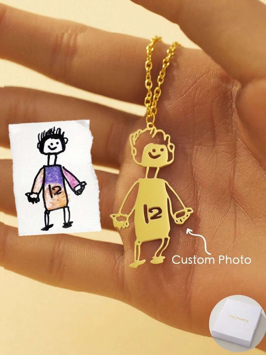 Customized Cute Cartoon Minimalist Design Pendant Necklace, Creative Personalized Pendant Necklace Gift Made From Children's Artwork - Yellow Gold - View 1