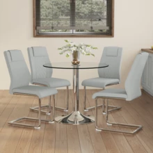 Dining Table And Chairs Set: Modern And Minimalist Glass Dining Table With A Diameter Of 85 Cm, Paired With 4 Dining Chairs With Silver Metal Legs And Light Grey PU Seats. - Light Grey - View 9