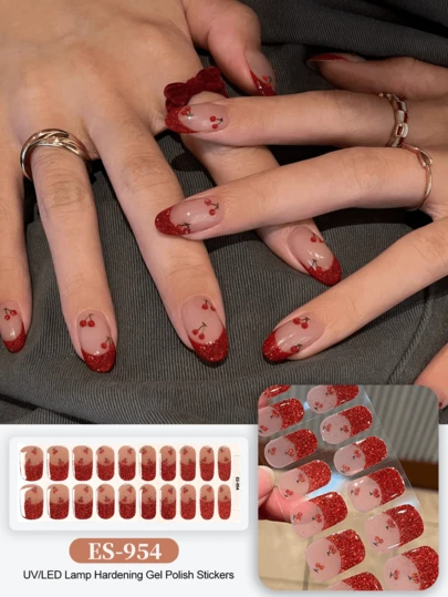 Emi Cured Gel Nail Strips , Clear Base, 20 Pcs Gel Nail Wraps, Stickers, UV Light Required, Salon Quality, Long Lasting,ES20 Cross-Border Wholesale Drop Shipping Red Book Same Style Nail Stickers Nail Stickers For Fingertips
