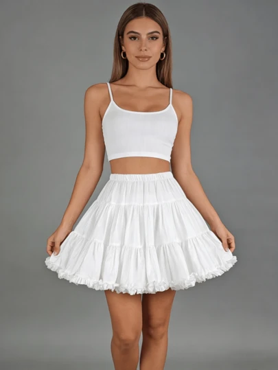 Enagua blanca con volantes para mujer - Falda acampanada de doble capa con cintura elástica para vestidos Lolita, de boda y de cosplay