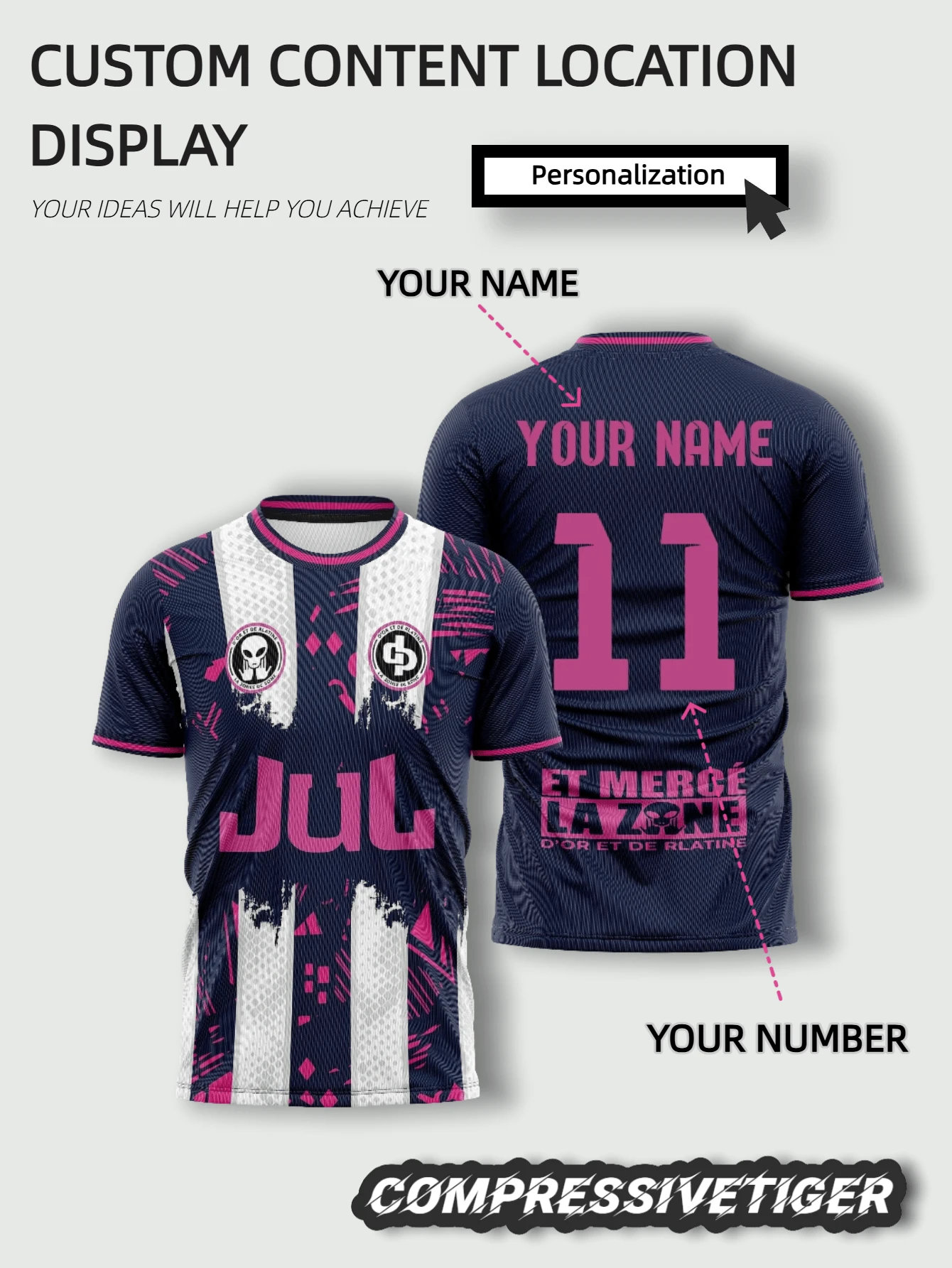 Áo bóng đá JUL La Zone tùy chỉnh - Tên và số cá nhân hóa, màu xanh hải quân hồng, họa tiết graffiti, thoáng khí, phù hợp cho các trận đấu bóng đá, bóng rổ, bóng chuyền, tập luyện và mặc hàng ngày, unisex. - Màu xanh hải quân - Xem 1