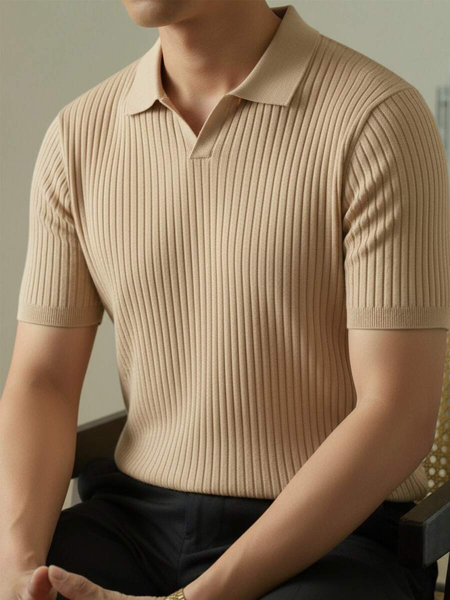 男士羅紋針織短袖 Polo 衫，夏季修身翻領 Polo 衫，休閒時尚穿搭