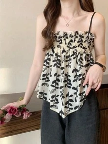 女士印花吊带背心，可调节细肩带，适合海滩、旅行和度假，是夏季休闲的完美之选。 - 黑與白 - 查看 10