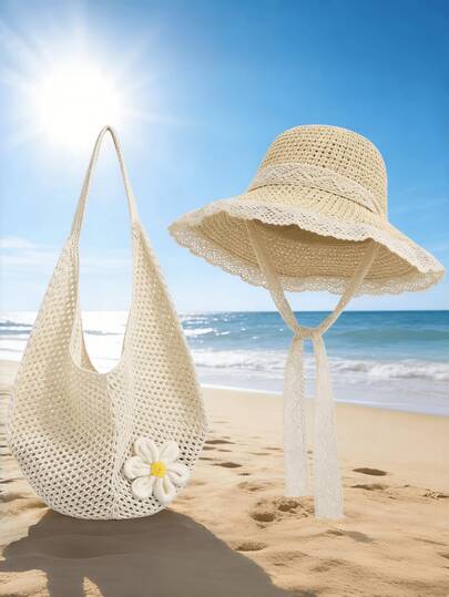 Women's Crochet Shoulder Bag And Straw Sun Hat Bundle - Cute Floral Mesh Beach Bag With Lace Trimmed Floppy Hat, Lightweight And Breathable For Summer, Beach, Travel, And Outdoor Adventures